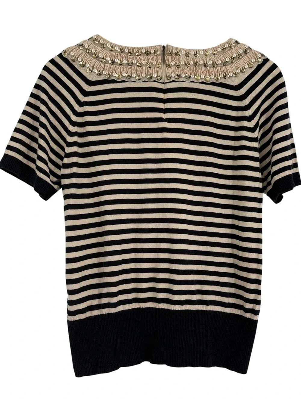 Tory Burch Blue Cream Stripe Cotton Short Sleeve Fringe /beaded Sweater Size XL
